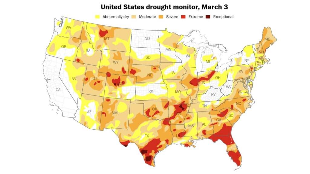 Map of the United States Drought Monitor as of March 3. Colors indicate drought severity.