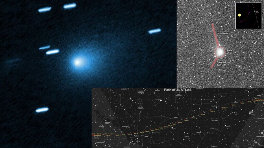 Composite graphic showing comet 3I/ATLAS, its tail structure, and projected path across constellations.