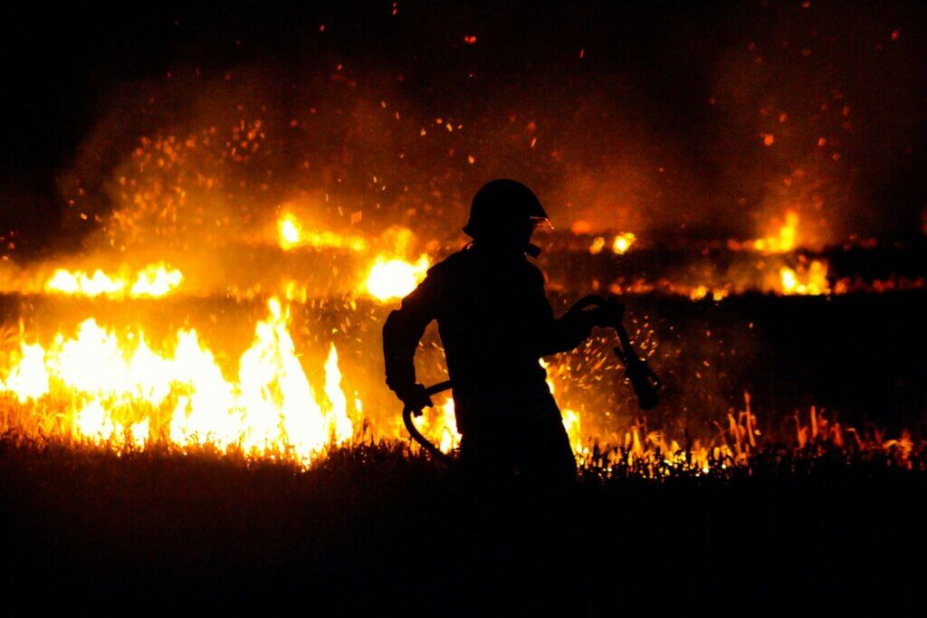 Firefighter silhouetted against flames while using a hose to battle an active wildfire at night.