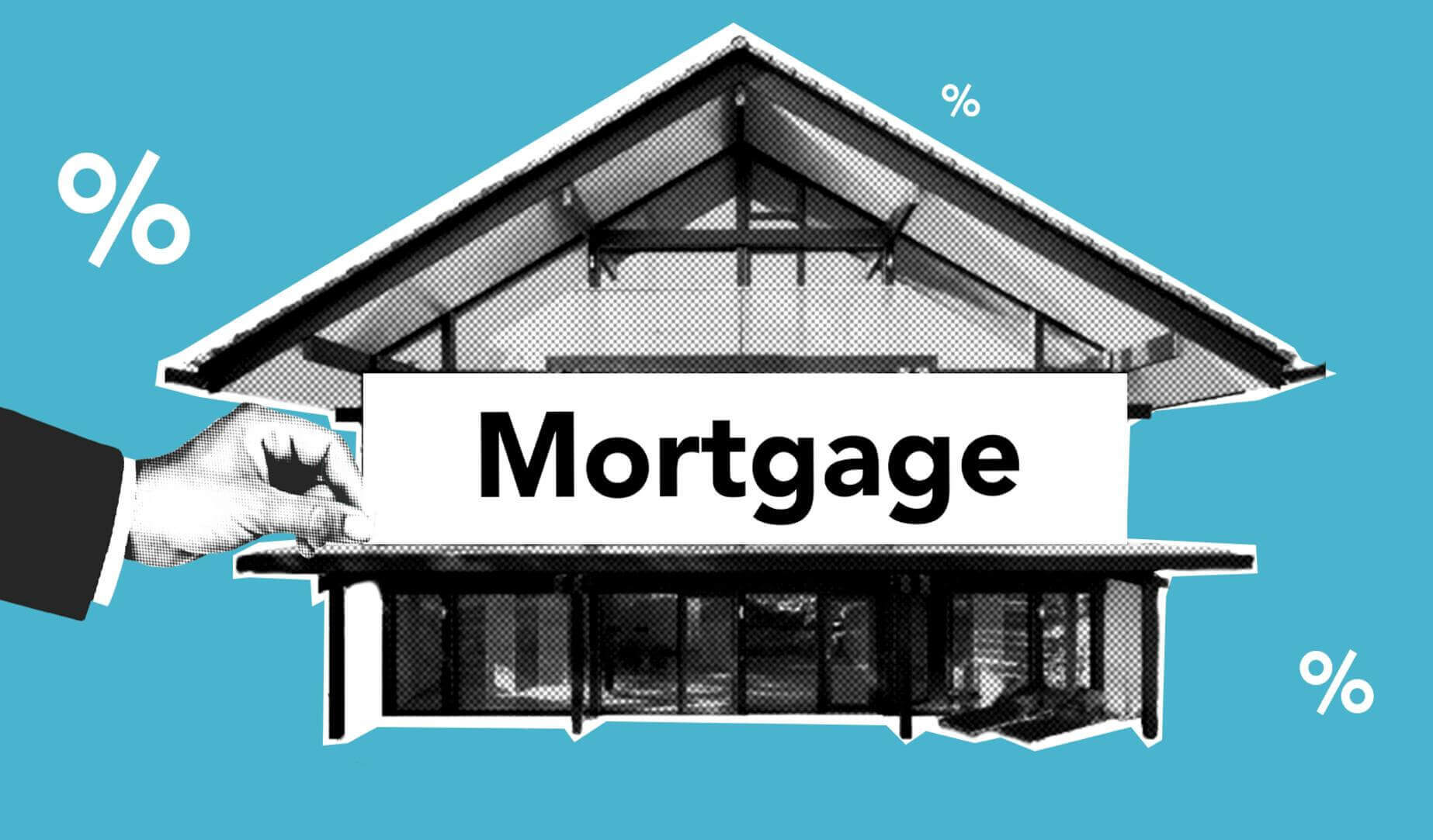 Graphic of a house labeled “Mortgage” with percentage symbols representing rising interest rates and borrowing costs.