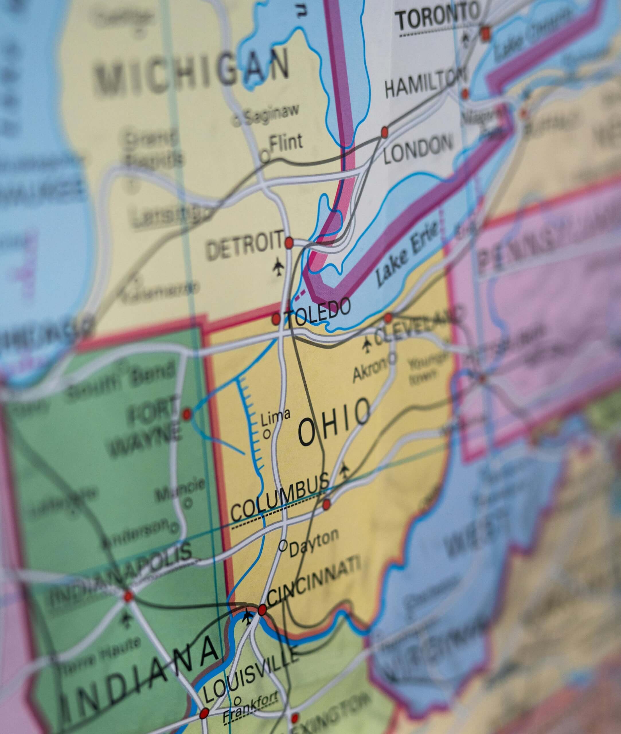 Close-up map highlighting Ohio, Detroit, and surrounding Midwest cities.