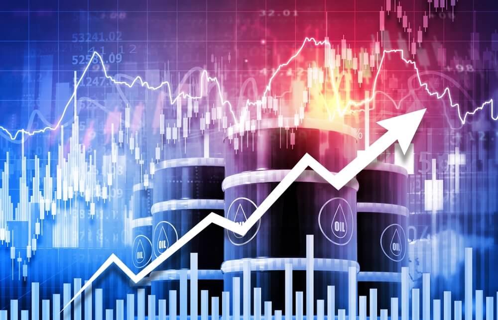 Oil barrels with rising stock chart and upward arrow illustrating increasing oil prices.