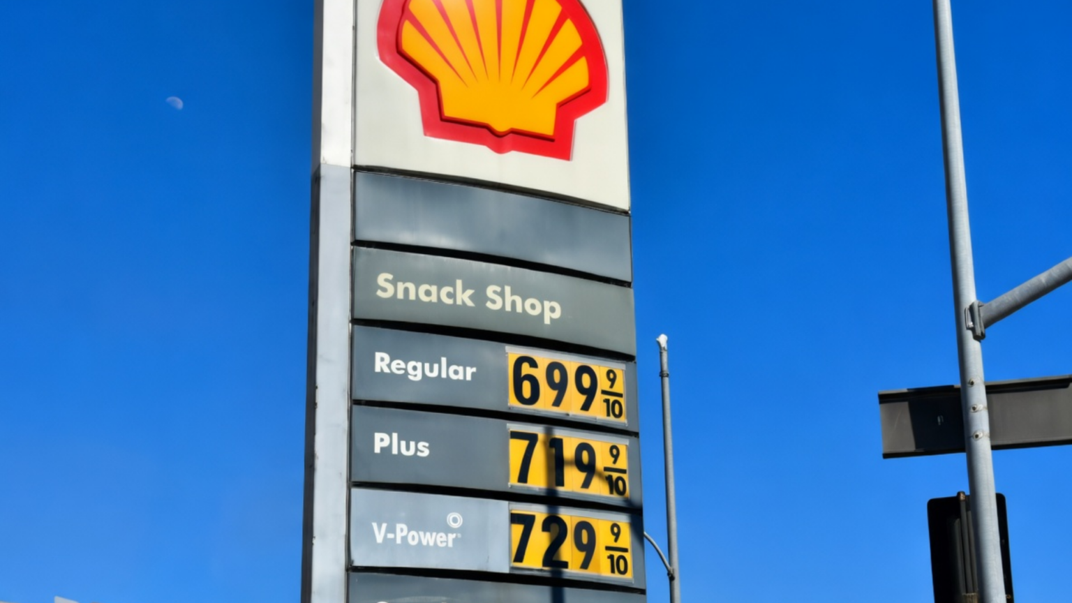 A tall Shell gas station sign against a bright blue sky showing high fuel prices.