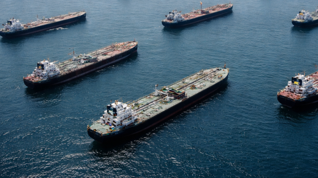 An aerial view of nearly a dozen large oil tankers and cargo vessels anchored in close proximity.
