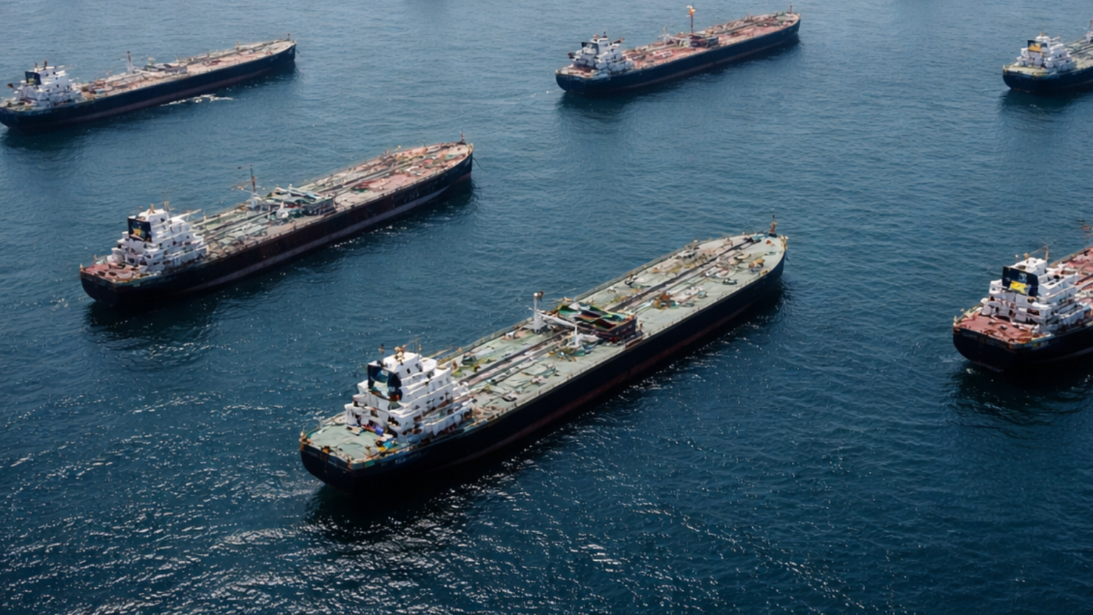 Why Reopening the Strait of Hormuz Won’t Fix Shipping Disruptions or High Oil Prices An aerial view of nearly a dozen large oil tankers and cargo vessels anchored in close proximity.