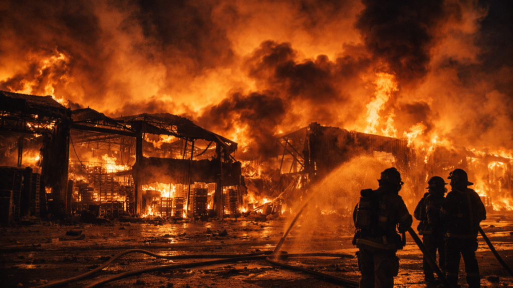 A dramatic night-time shot of a massive industrial warehouse engulfed in towering orange flames and thick black smoke.