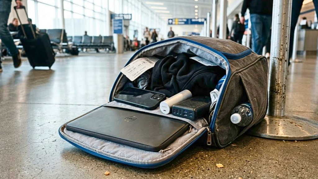 A close-up of an open travel backpack on an airport floor, containing a laptop, a smartphone, and two large black-and-silver portable power banks, illustrating the common tech load of modern travelers.