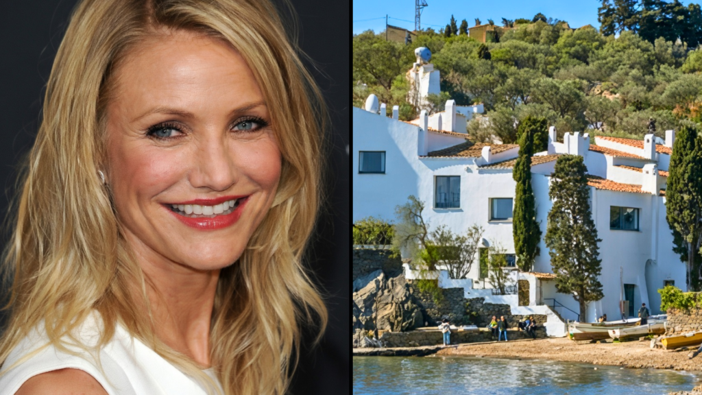 A composite image of actress Cameron Diaz with her blonde hair down, smiling warmly at a red-carpet event and a white mansion.