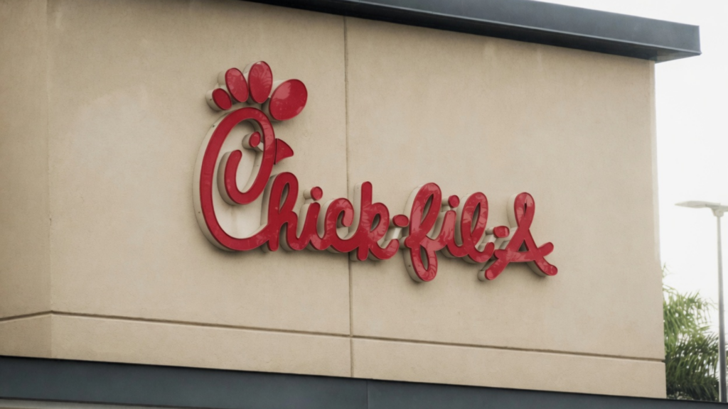 A close-up, high-angle shot of a red-and-white 3D Chick-fil-A logo mounted on an off-white textured exterior wall of a restaurant building.