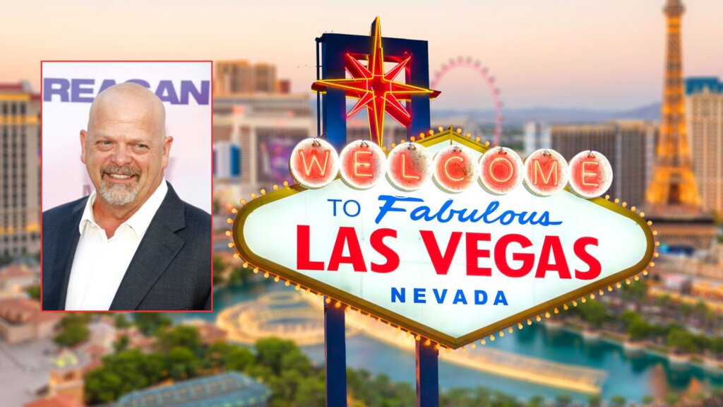 Rick Harrison inset photo against Welcome to Fabulous Las Vegas Nevada sign and Strip skyline.
