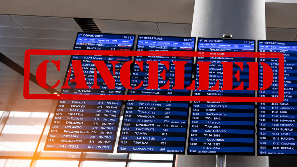 A wide view of an airport's digital departure board listing dozens of flights with many marked as "CANCELLED".
