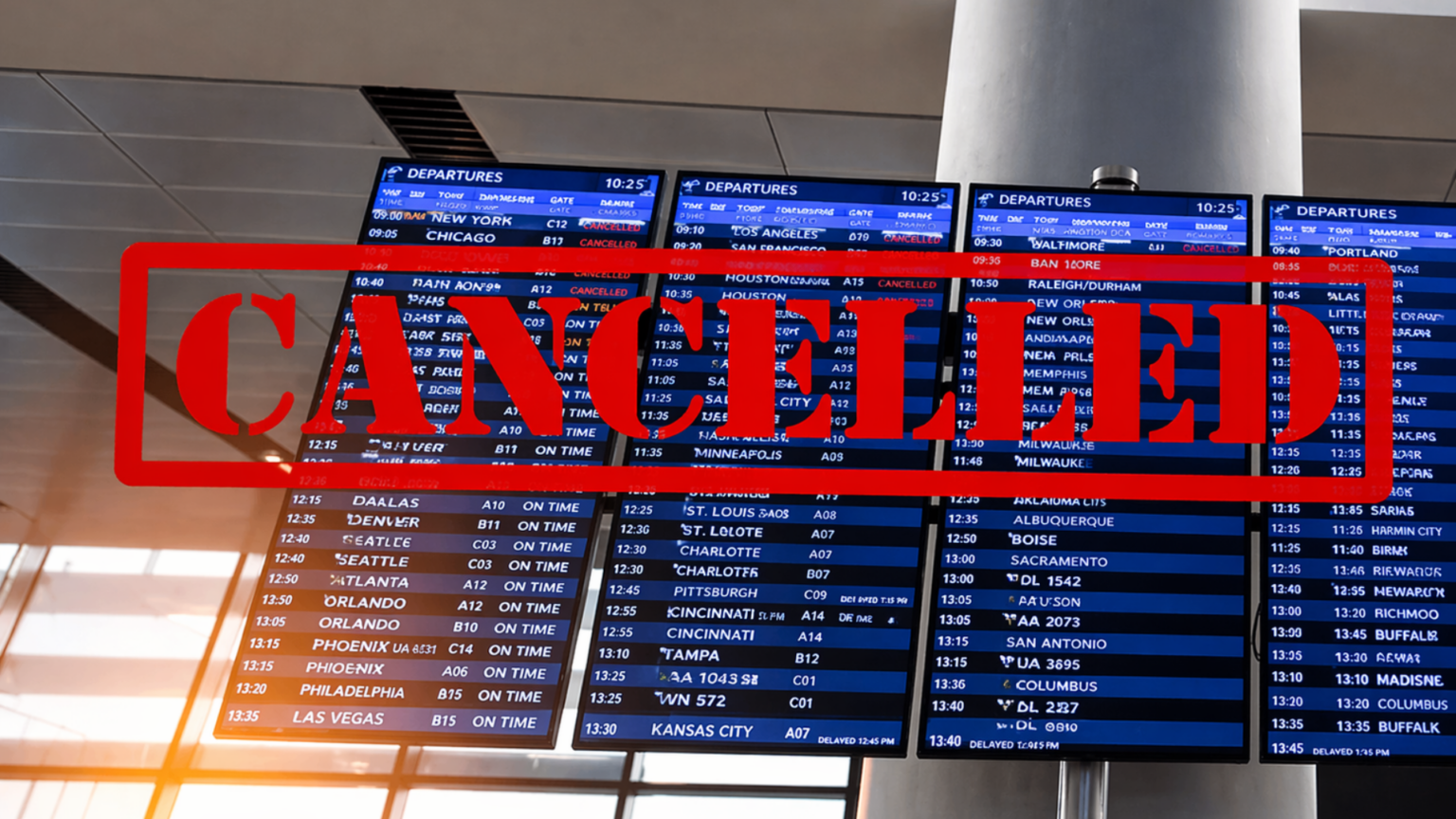 A wide view of an airport's digital departure board listing dozens of flights with many marked as "CANCELLED".