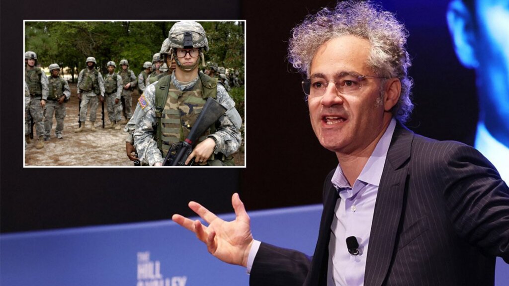 Palantir CEO Alex Karp speaking on stage with inset of U.S. soldiers training in formation.