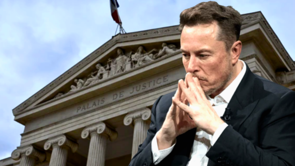 A composite image featuring Elon Musk in a dark suit, resting his chin on his steepled fingers in a contemplative pose; in the background is the Palais de Justice in Paris, France.