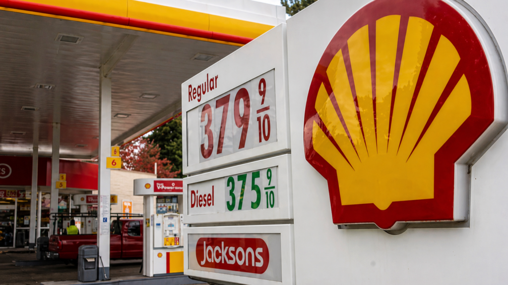 A close-up of a Shell gas station sign at a Jacksons food store; the digital prices for Regular gasoline and Diesel are displayed as $3.79 and $3.75 respectively, with a white SUV parked at a pump in the background.