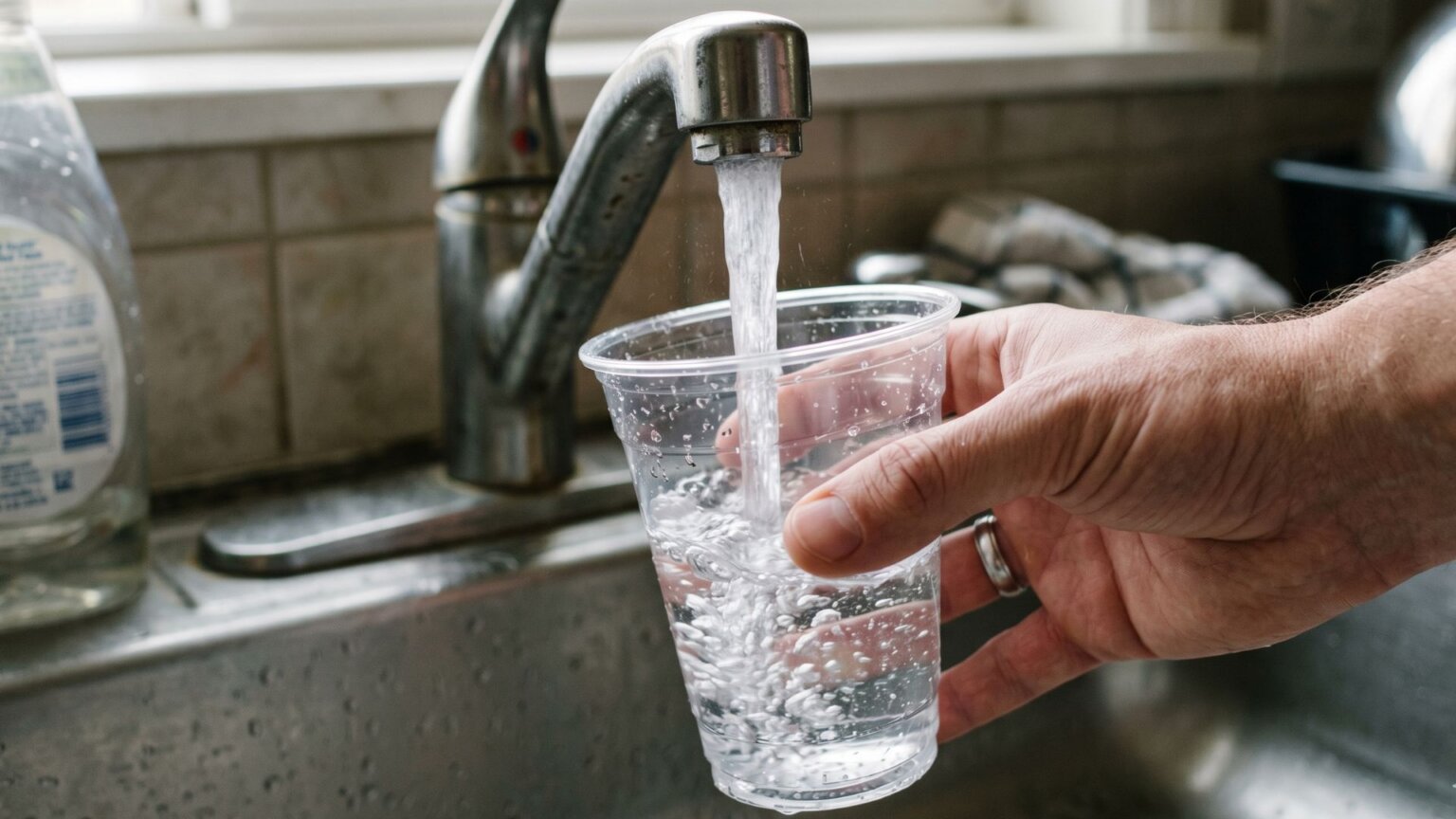 Hand holding a clear plastic cup under a kitchen faucet as it fills with tap water.