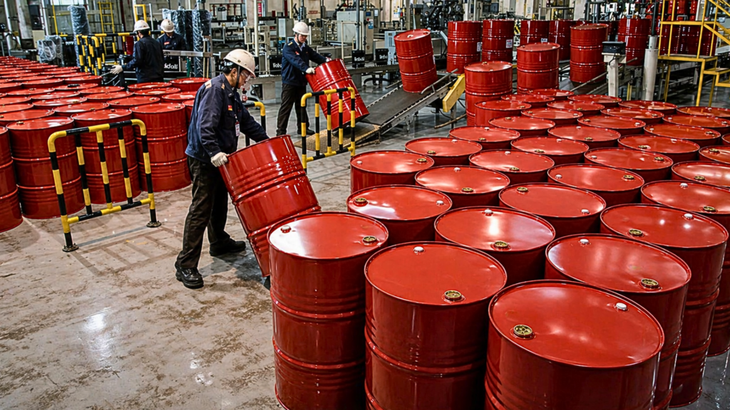 A high-angle shot of workers in white hardhats and blue uniforms moving large red industrial oil drums in a high-tech manufacturing or storage facility; dozens of drums are neatly organized in rows on a grey floor.