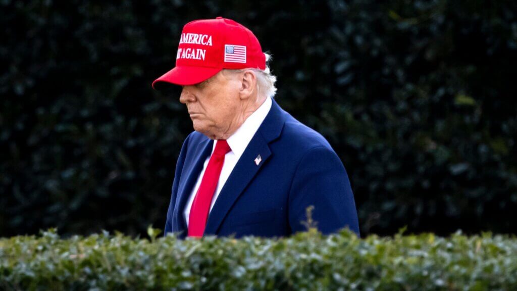 Donald Trump wearing a red “Make America Great Again” hat walking outdoors near hedges.