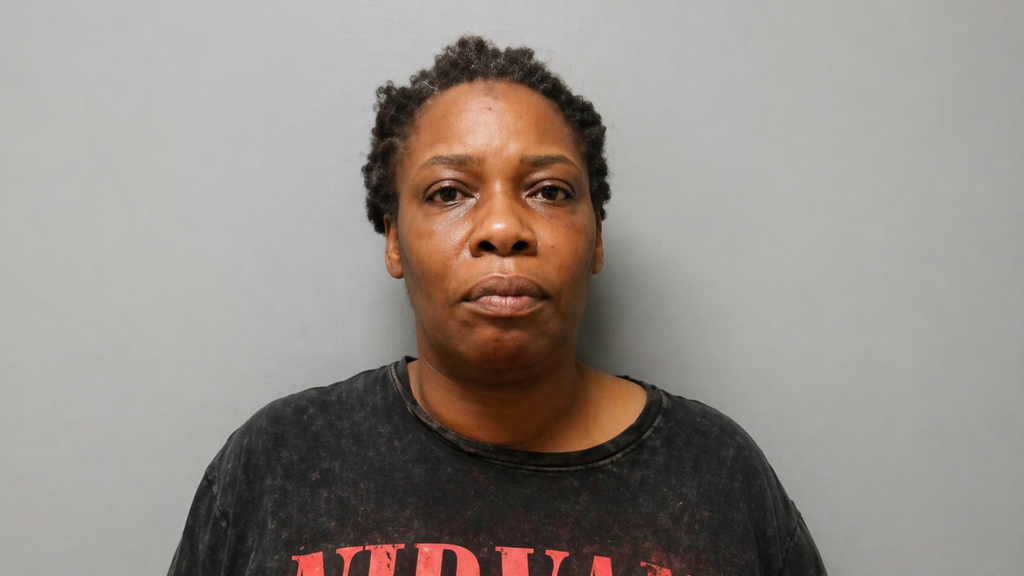 Woman facing camera against gray background wearing dark T-shirt.