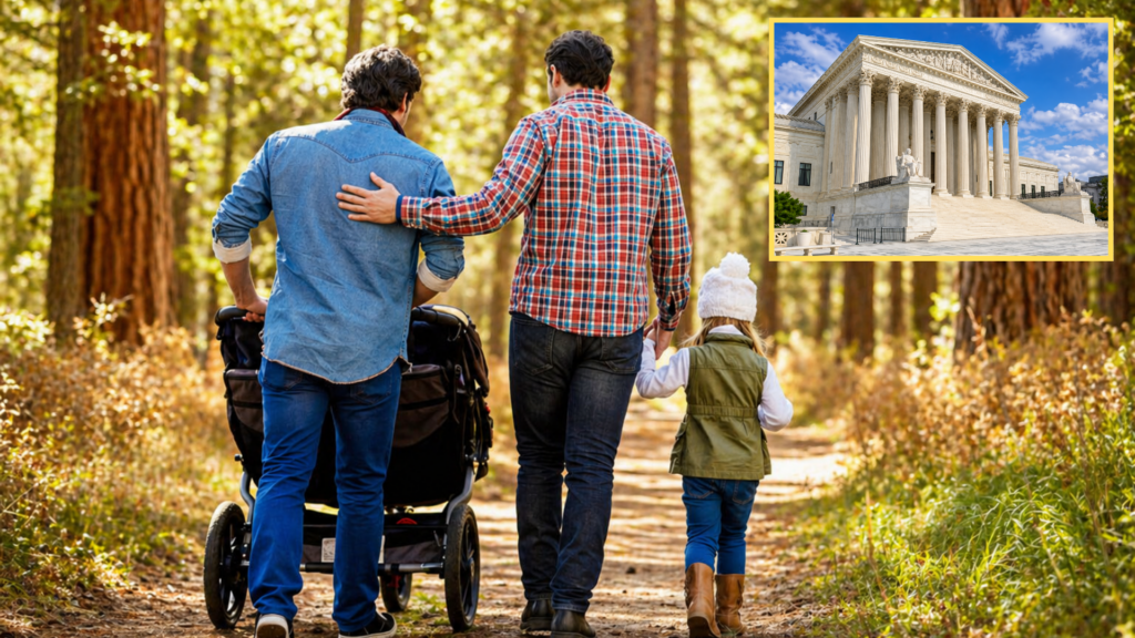 Two men walking with child and stroller on forest path, Supreme Court building inset.
