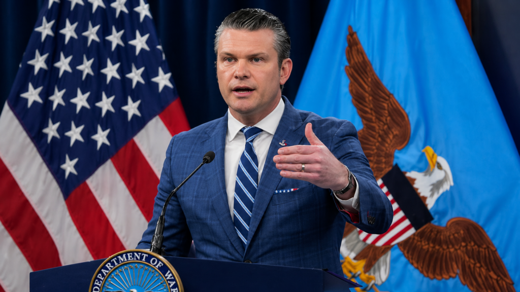 Defense Secretary Pete Hegseth speaking at a Pentagon press briefing with U.S. flag behind him.