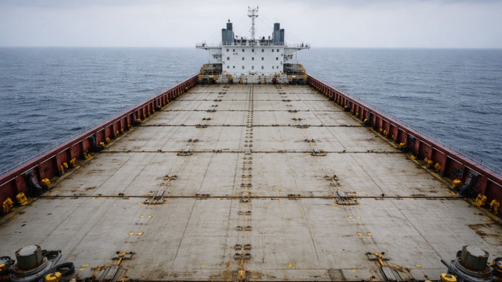 A view from the deck of a massive bulk carrier, looking toward the bridge, showing an expanse of empty, weathered steel plating under a grey, overcast sky.