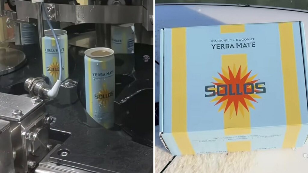 Cans of Sollo's yerba mate on production line and branded pineapple coconut box.
