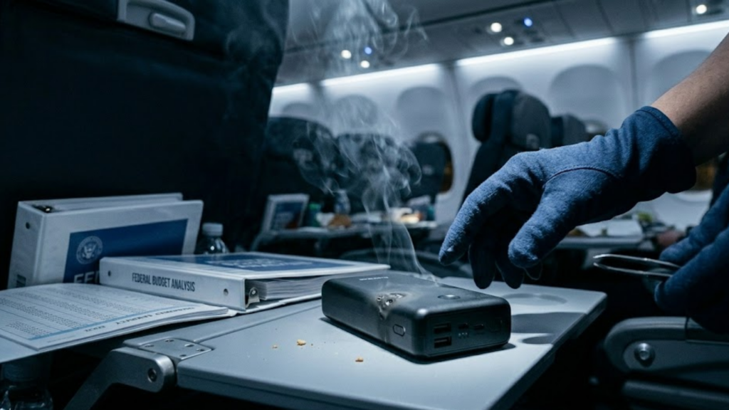 A dramatic shot of a black portable power bank on an airplane tray table emitting thick plumes of white chemical smoke.