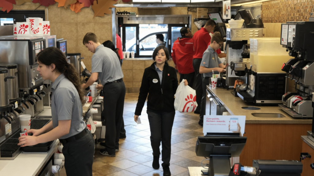 A wide interior view of a busy Chick-fil-A kitchen and service area; several employees in grey and red uniforms are working behind the counter, with one worker in a black jacket carrying a white plastic to-go bag.