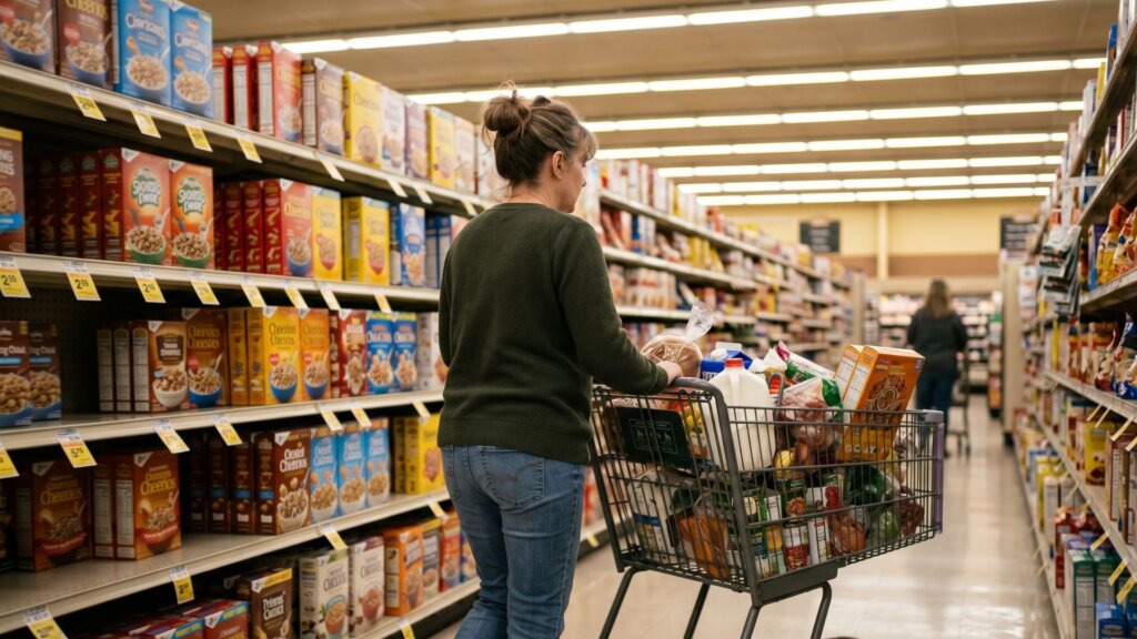 A shopper pushing a full grocery cart through a supermarket aisle, with price tags visible on the shelves.