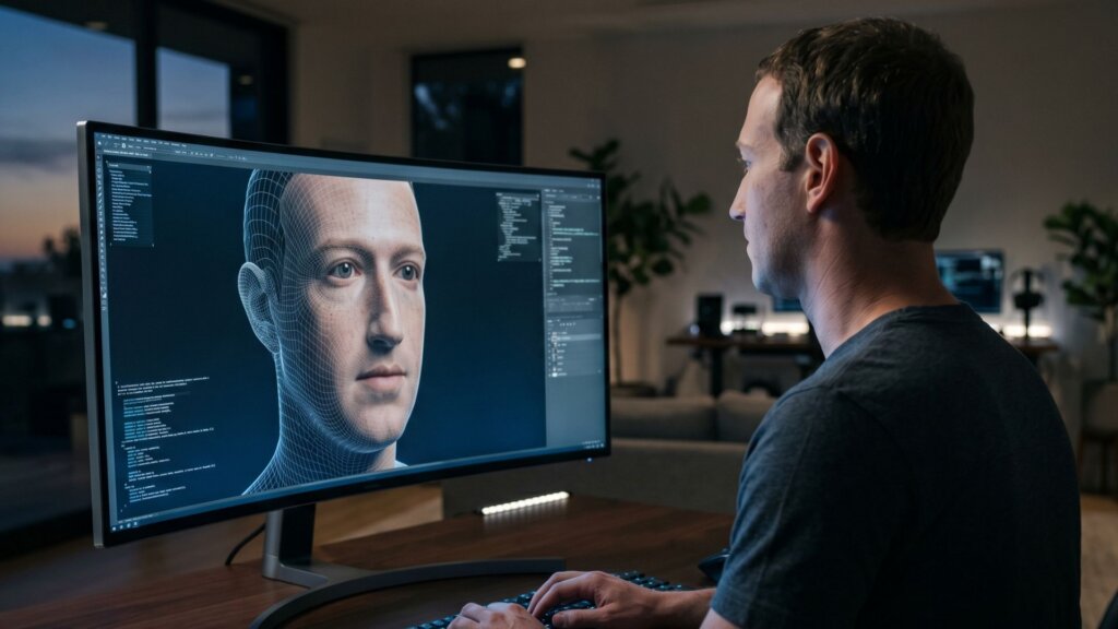 Zuckerberg working at desk viewing a 3D facial model and code on a widescreen monitor.