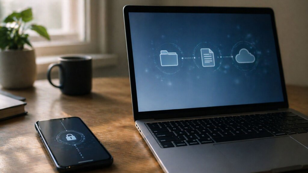 Smartphone and laptop side by side on a desk, screens glowing with soft natural light from a window.