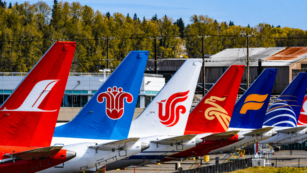 A low-angle shot of the tail fins of several international aircraft lined up on an airport tarmac; the colorful liveries include symbols like a red crane, a blue lotus, and a golden phoenix, representing global aviation diversity.