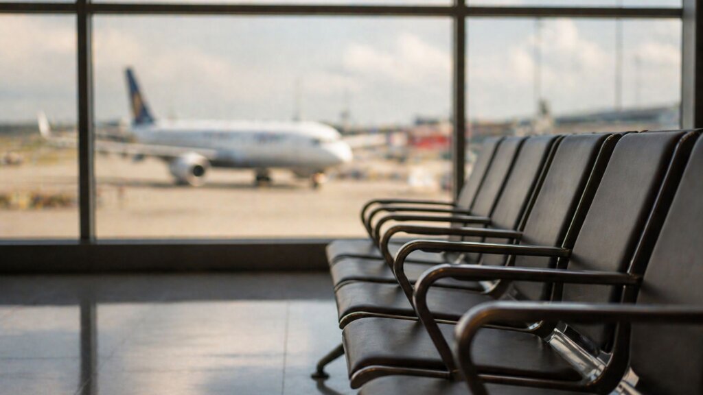 Empty black airport seats lined up beside large windows overlooking a blurred airplane on the tarmac.
