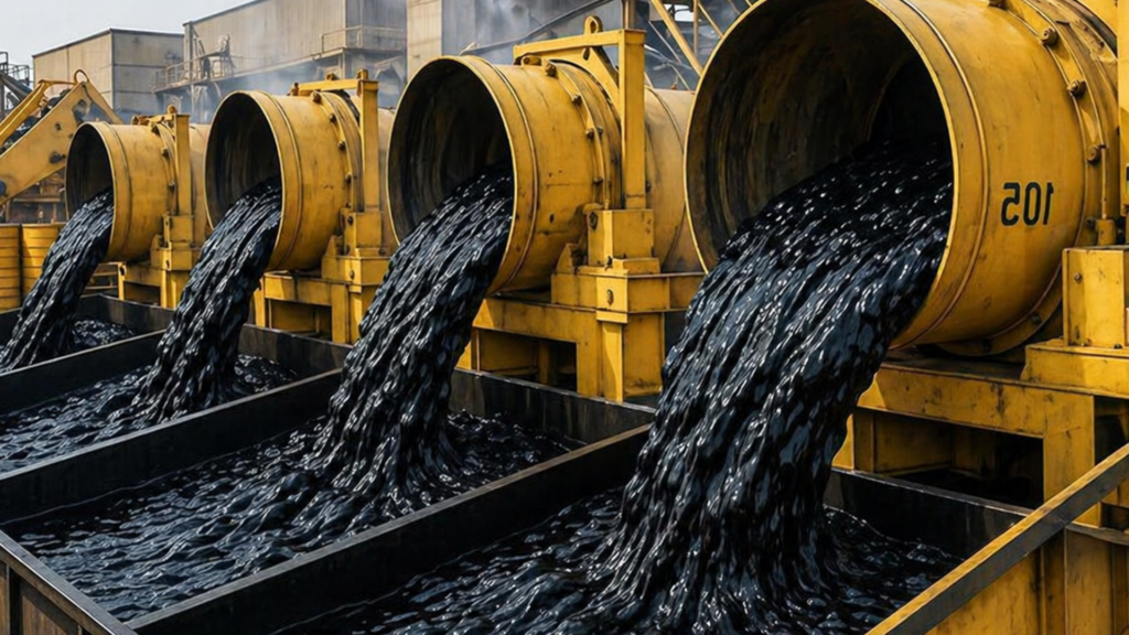 A dramatic industrial shot of four large yellow discharge pipes pouring thick, dark viscous liquid (crude oil) into massive open collection vats; steam or smoke rises from the heavy flow, symbolizing large-scale industrial processing.