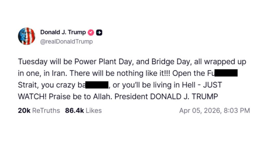 Screenshot of a Donald J. Trump social media post discussing Iran and the Strait with engagement metrics.