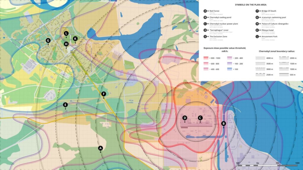 A detailed topographical map displays the Chernobyl and Pripyat area, featuring color-coded radiation exposure zones and labeled points of interest like the nuclear power plant and "Sarcophagus."