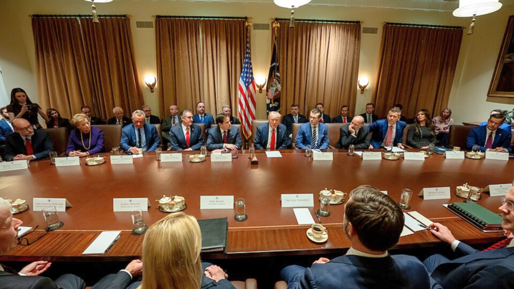 Donald Trump sits at the center of a long wooden table during a meeting with a large group of his cabinet members.