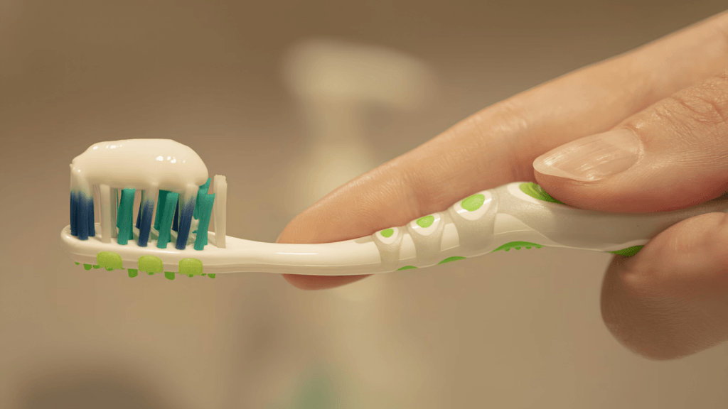 A hand holds a green and white toothbrush covered with white toothpaste.