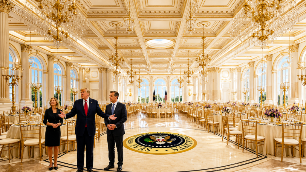 Donald Trump stands with two officials in an ornate ballroom set with round tables and chandeliers.