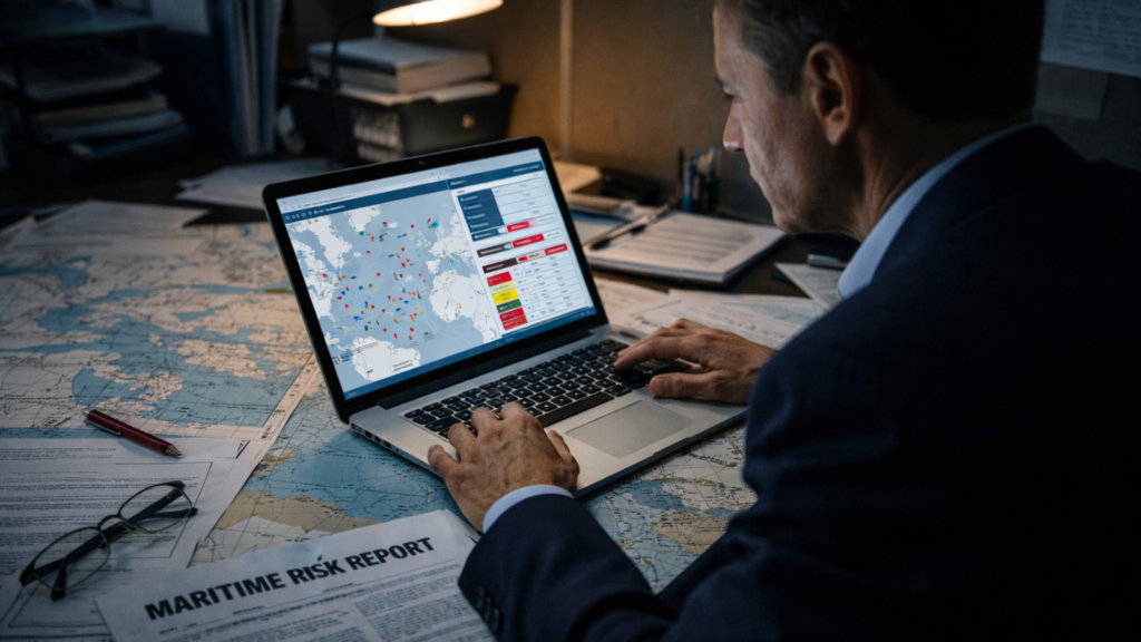 A maritime risk analyst in a suit working at a desk littered with physical maps, using a laptop that displays a real-time global ship-tracking interface.