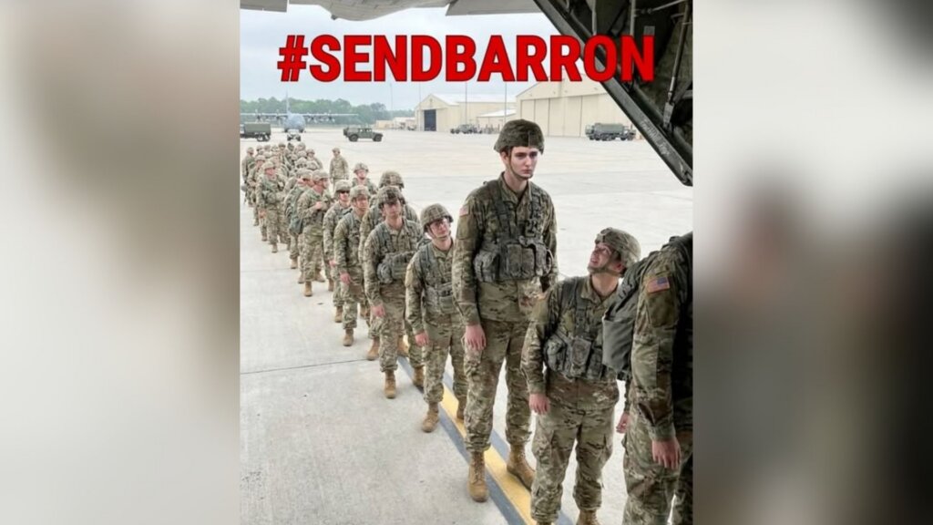 Edited image showing Barron Trump’s face on a U.S. soldier boarding an aircraft with “#SENDBARRON” text above.