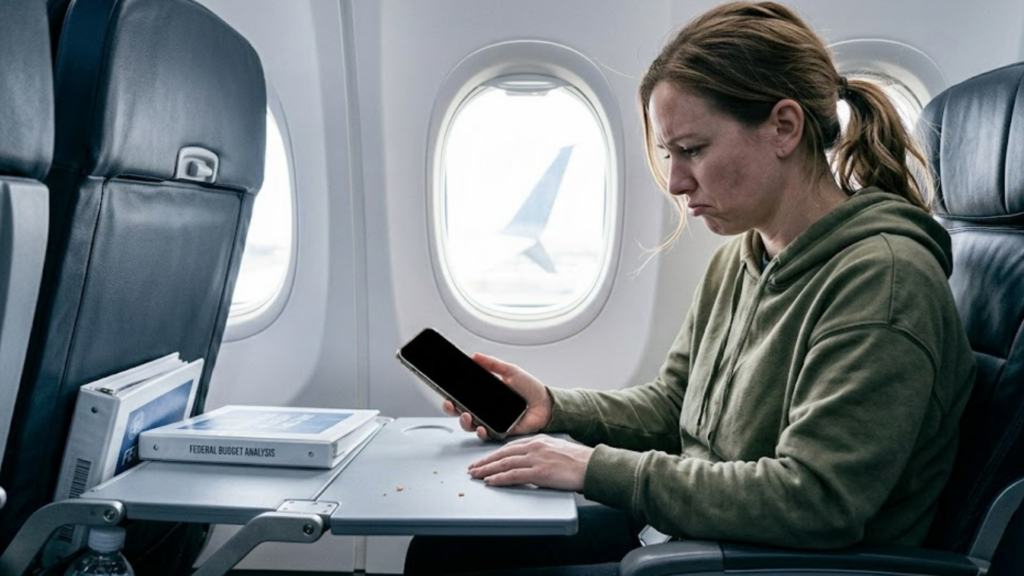 A female passenger in a green hoodie sitting on a plane looking distressed while holding her smartphone.