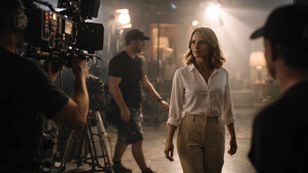 A medium shot of a woman with blonde hair in a white button-down shirt and beige trousers walking confidently on a professional movie set, with cameras, crew members, and studio lights visible in the background.