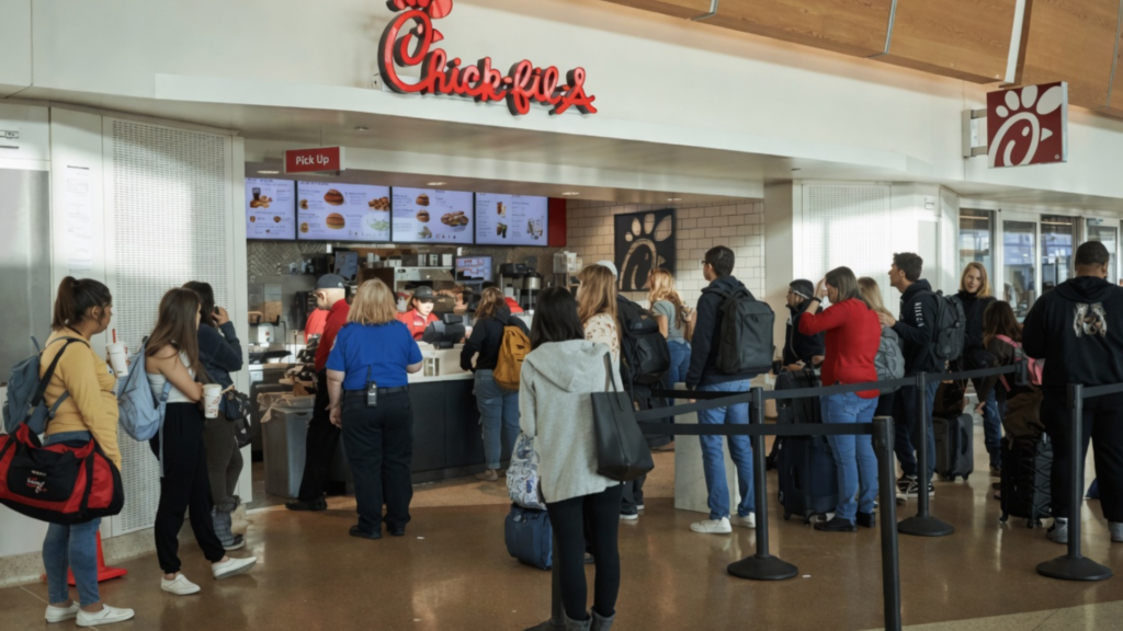 A wide shot of a crowded Chick-fil-A location inside an airport terminal.