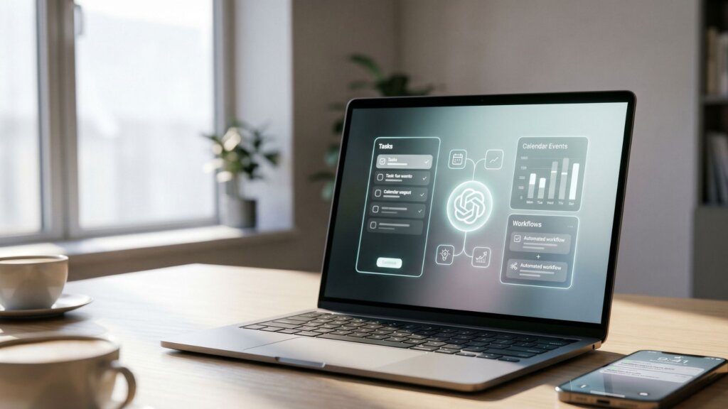 Laptop displaying an AI workflow dashboard on a desk beside a smartphone and coffee cup.