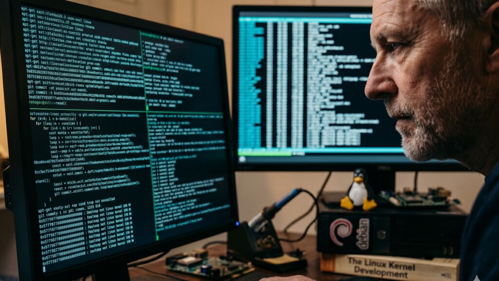 Developer working at a terminal screen in a dimly lit room, face lit by monitor glow.