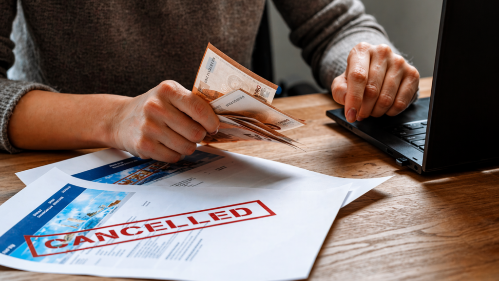 A close-up of a person's hands on a wooden desk, holding a stack of cash; a laptop and a printed flight itinerary with a red "CANCELLED" stamp are visible, symbolizing the receipt of a cash refund for a failed flight.