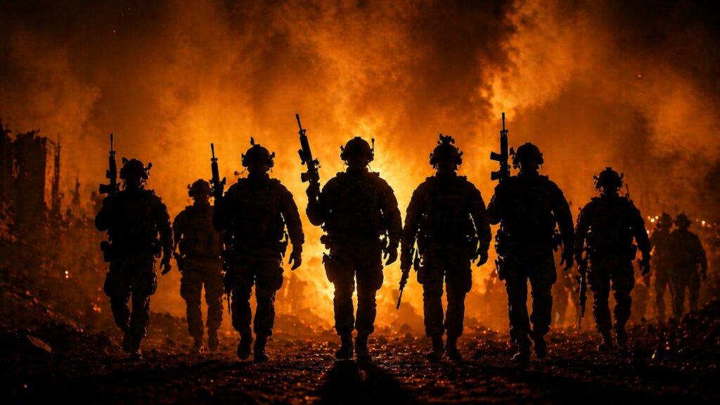 Silhouetted soldiers walk forward carrying rifles against a backdrop of intense flames and smoke, creating a dramatic scene that suggests conflict or warfare.