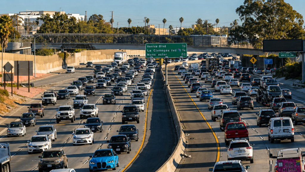 A high-angle wide shot of the I-10 freeway in Los Angeles at midday; dense rows of cars and trucks fill ten lanes of traffic under a green highway sign for Venice Blvd, La Cienega Blvd, and Manchester Ave.